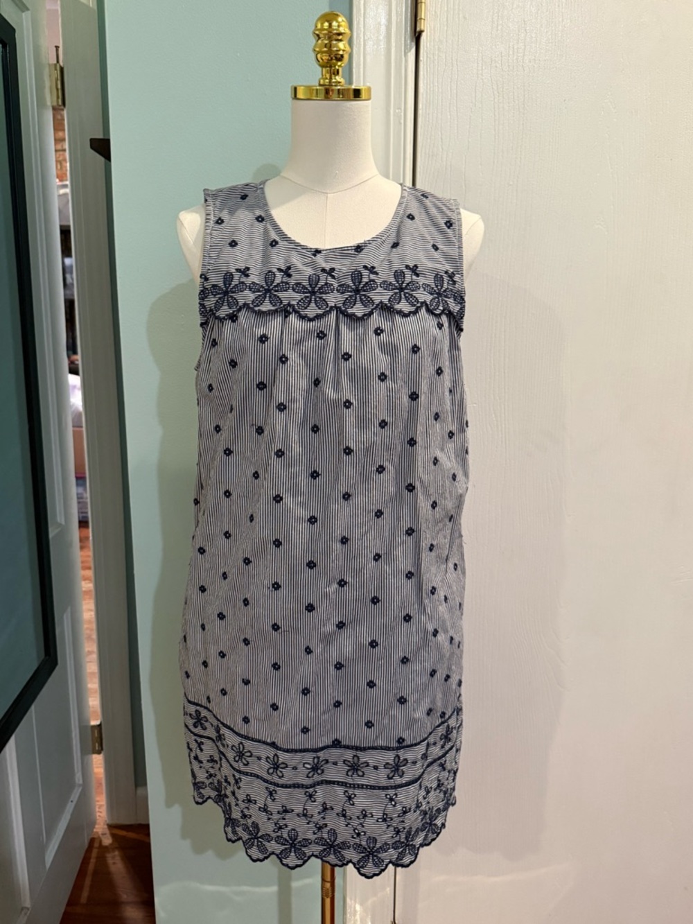 Old Navy White and Navy Striped Floral Embroidered Eyelet Mini Shift Dress